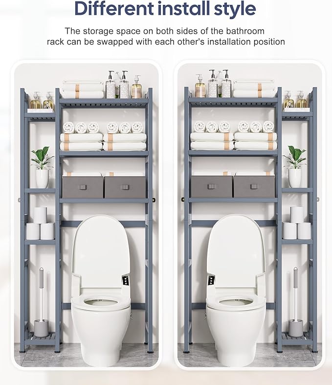 Homde Over The Toilet Storage with Basket and Drawer, Bamboo Bathroom Organizer with Adjustable Shelf & Waterproof Feet Pad, Space Saver Rack for Restroom, Laundry,Grey