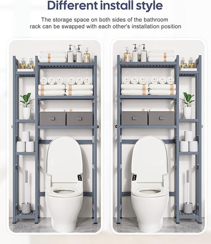 Homde Over The Toilet Storage with Basket and Drawer, Bamboo Bathroom Organizer with Adjustable Shelf & Waterproof Feet Pad, Space Saver Rack for Restroom, Laundry,Grey
