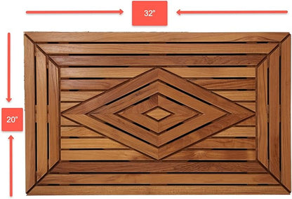 Designer Teak Shower Mat Large 31.5 X 19.5 Naturally Water-Resistant with Teak Oil Finish for Bathroom, Bath, Pool, Spa, Boat, Sauna, Patio, RV, Front Door from Our Diamond Collection