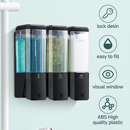 Shampoo and Conditioner Dispenser Wall Mounted No Drill, Shower Soap Dispenser 3 Chamber Shampoo Conditioner Body Wash Refillable 3 * 17oz Shower Soap Dispenser for Bathroom Hotel, Black+Clear