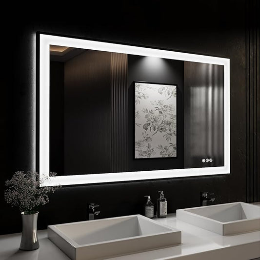 ISKM Framed LED Mirror for Bathroom 48"x28", Dimmable LED Bathroom Mirror with Lights, Anti-Fog, Front and Backlit Lighted Mirror 3-Colors, Shatterproof, Memory Function