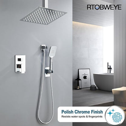 8 Inch Ceiling Mount Shower Faucet Set, Polish Chrome Rainfall Shower System, Square Rain Shower Head with Handheld Spray Combo Ceiling, Silver Rainfall Shower Faucet Fixtures (3-Setting)
