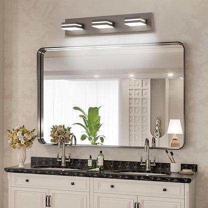 SineRise LED Modern Bathroom Vanity Light Fixtures (3-Light, 24-Inch), Brown Wood Painted Modern Acrylic Bathroom Wall Lighting Fixtures Over Mirror (Cool White 6000K)