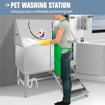 Stainless Steel Dog Cat Pet Grooming Bath Tub (w/Faucet, Sprayer, Shampoo Rack)