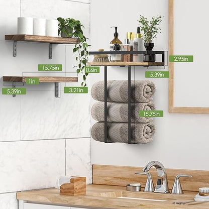 Towel Racks for Bathroom-Wall Mounted Floating Shelves for Wall Bathroom Bedroom Kitchen Living Room, Hanging Book Shelves Decor Bathroom Organizer, 16 inch Solid Wood, Carbonized Wood Color