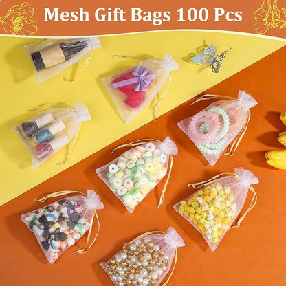 100PCS Premium White Organza Bags with Gold Drawstring, 4x4.72inch Wedding Favor Gift Bags, Mesh Pouch for Jewelry, Party, Christmas, Festival, Bathroom Soaps, Makeup Organza, Wrapping Supplie