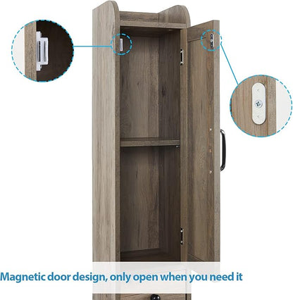 Bathroom Cabinet with Adjustable Shelf, Storage Cabinet for Small Space, Tall Bathroom Storage Cabinet with Retractable Toilet Paper Rod, Narrow Cabinet with 2 Doors, 8 Compartment, Brown Gray