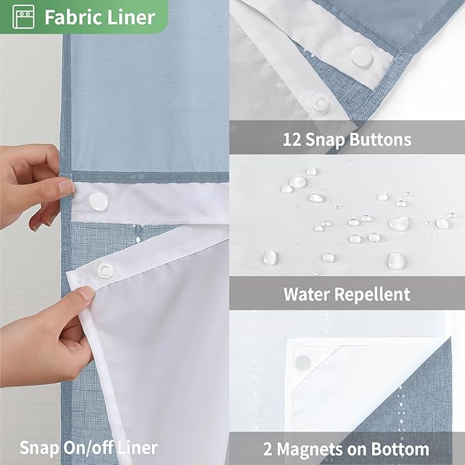 Boho Farmhouse No Hook Shower Curtain Set with Snap-in Fabric Liner,Heavy-Duty Linen Textured Rustic Striped Design,Water-Repellent with Tassels and Sheer Window,Blue,71x74