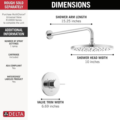 Delta Modern 14 Series Round Rain Shower Faucet Set, Chrome Shower Head and Handle Set, Valve Trim Kit, Chrome T14269-PP (Valve Not Included)