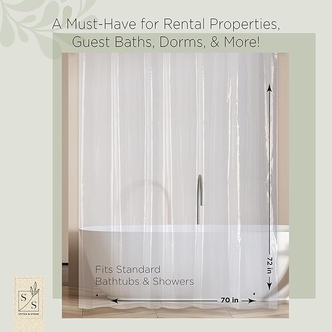 Stitch & Stone Shower Curtain Liner, Premium Lightweight Durable Waterproof 4g PEVA for Bathroom with Weighted Magnets, Standard Size 70" x 72" Clear 2 Pack
