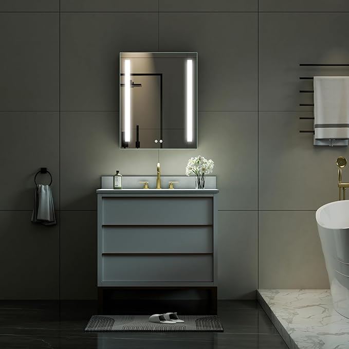 WELLFOR 24" X 30" LED Medicine Cabinet with Mirror, Single Right Opening Door, Recessed or Surface Cabinet Mirror, Bathroom Mirror Cabinet, Medicine Cabinet with Lights with Outlets & USB Ports