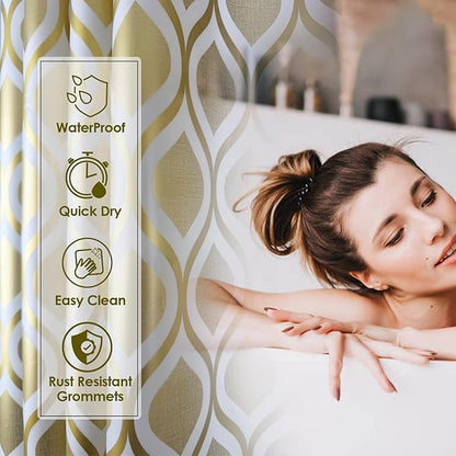 Plastic Shower Curtain Liner, Gold Striped Pattern, Waterproof Printed PEVA Shower Curtain with Design, Rustproof Grommets, Standard Size 70x72 Bathtub Curtain for Bathroom (Pack of 1)