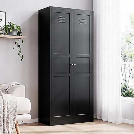 Yizosh Metal Storage Cabinet with 2 Doors and 5 Adjustable Shelves - 71" Black Kitchen Pantry Storage Cabinet, 5-Tier Tall Steel Cabinet Locker for Kitchen, Living Room, Dining Room