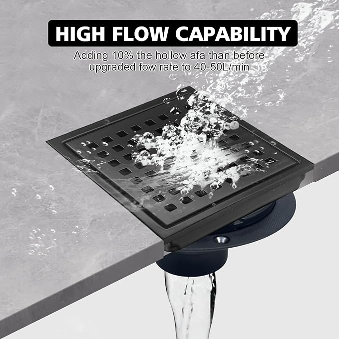 4 Inch Square Shower Drain with Flange, Removeable Grate SUS 304 Stainless Steel Shower Drain with Hair Catcher (Matte Black, 4 Inch)