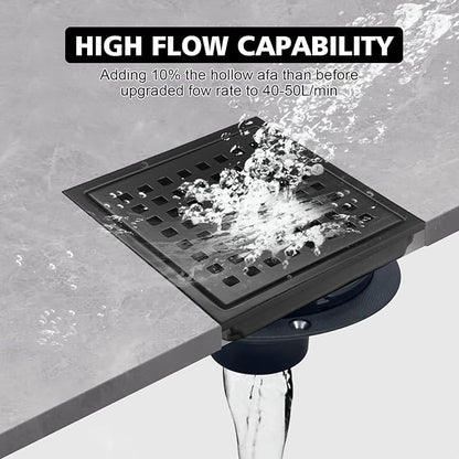 4 Inch Square Shower Drain with Flange, Removeable Grate SUS 304 Stainless Steel Shower Drain with Hair Catcher (Matte Black, 4 Inch)