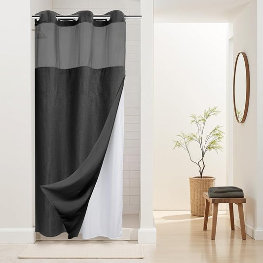 River Dream Stall Heavyweight No Hooks Required Dotted Waffle Weave Shower Curtain with Snap in Liner - 36W x 74H,Hotel Grade,Spa Like Bath Curtain,Graphite Grey