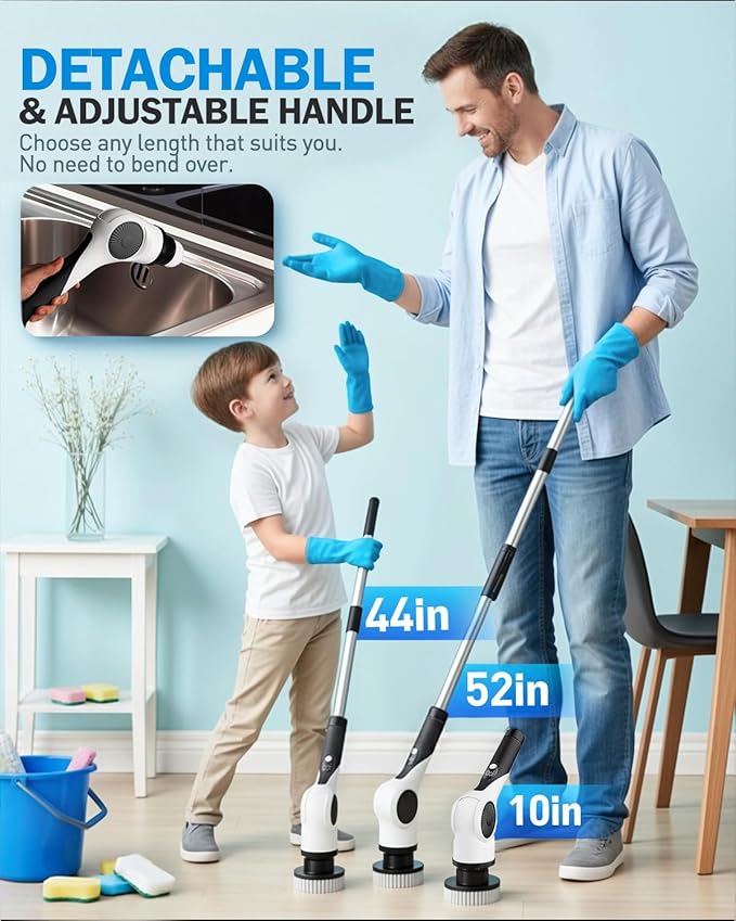 Electric Spin Scrubber, 3-Speed Cordless Shower Scrubber with 90° Adjustable & 10 Replaceable Brush Heads, 90 Mins Runtime & Full-Body IPX7 Waterproof Shower Cleaner Brush with Long Handle