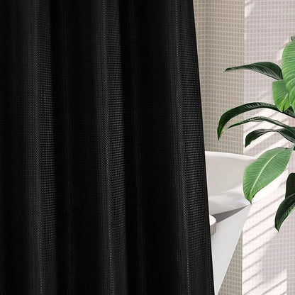 MitoVilla No Hooks Needed Extra Long Shower Curtain Liner Set, 86 inch XL Black Waffle Heavyweight Fabric Cloth Shower Curtains Set with Snap-in Liner for Modern Luxury Hotel & Spa Bathroom Decor