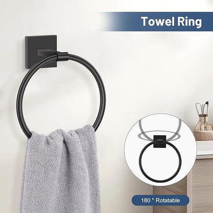 TURS 5-Pieces Matte Black Bathroom Hardware Set 23.6 Inch SUS304 Stainless Steel Towel Bar Set Wall Mounted Square Toilet Paper Holder with Shelf