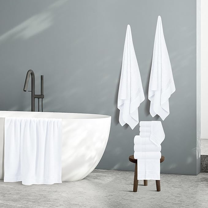 Belizzi Home 100% Cotton Towel Set, Contains 6 Soft Bath Towel, 6 Hand Towels, 12 Wash Cloths - Compact Absorbent Lightweight & Quickdry Towels for Bathroom - 24 Piece Bathroom Towel Set - White