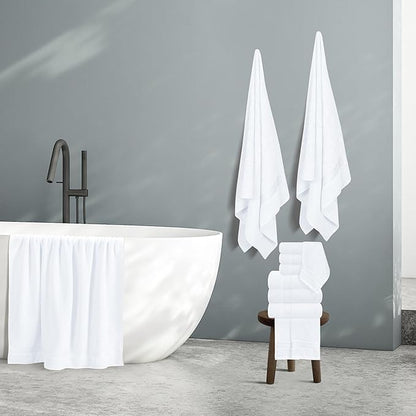 Belizzi Home 100% Cotton Towel Set, Contains 6 Soft Bath Towel, 6 Hand Towels, 12 Wash Cloths - Compact Absorbent Lightweight & Quickdry Towels for Bathroom - 24 Piece Bathroom Towel Set - White