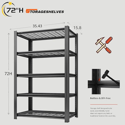 5 Tier Metal Shelving Unit, Adjustable Storage Shelves, 72" H x 35.43" W x 15.8" D Heavy Duty Garage Shelves for Warehouse, Basement, Kitchen, Pantry, Living Room, Black
