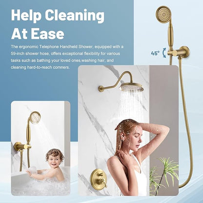 Antique Shower Head Faucet Set,Brushed-Gold Vintage Wall Mount Shower Faucets Combo With Handheld Spray,Bathroom Rainfall Shower System Trim Kit With Brass Pressure Balance Valve & 9''Shower Head