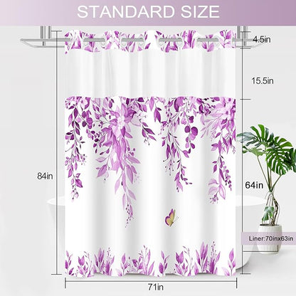 No Hook Shower Curtain and Liner Set, Purple Eucalyptus Floral Shower Curtains for Bathroom, Bath Curtain Sets with Snap in Liner, Waterproof with See Through Top Window, 71x84 Inches