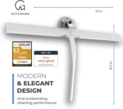 GÜTEWERK Shower Squeegee for Glass Doors, Silicone Window Squeegee, Bathroom and Glass Cleaning - White - 13 Inch
