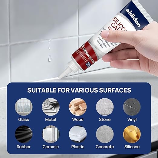 Silicone Caulk 4.23 Fl Oz for Kitchen & Bathroom - White, Waterproof Silicone Sealant for Window Toilet Sink Door Caulking Sealant Stronger Adhesion Shrink & Crack Proof (2 Pack)