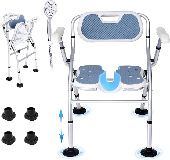 Shower Chair for Inside Shower,Foldable Shower Chair for Elderly and Disabled, Adjustable Height Chairs with Padded Arms and Back for Bathroom,Compact and Comfortable ,Extra Wide U-Shape