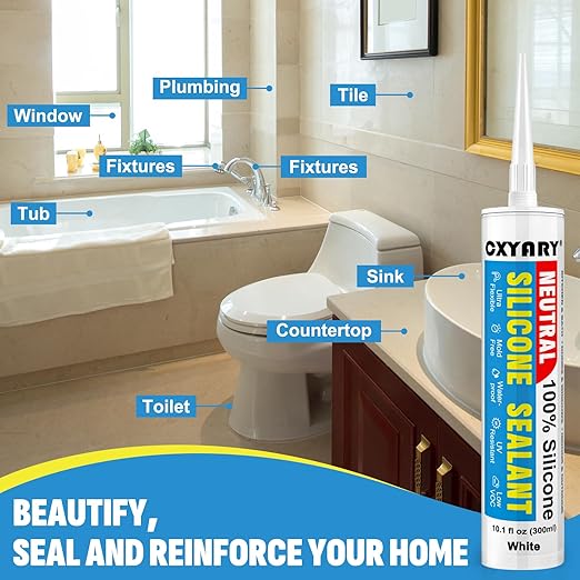 Silicone Caulk & Sealant White, 10 Pack - 100% Waterproof Silicone Sealant, Silicone Caulking for Kitchen and Bathroom, Toilet, Sink, Window ＆ Door Use, Shrink & Crack Proof (10.1 FL.OZ/300ml)