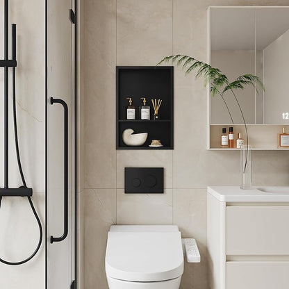 Neodrain 12X18 Inch Matte Black Double Shelf Stainless Steel Shower Niche, No Tile Needed Bathroom Organizer, Two Layer Recessed Built-in Wall Niche