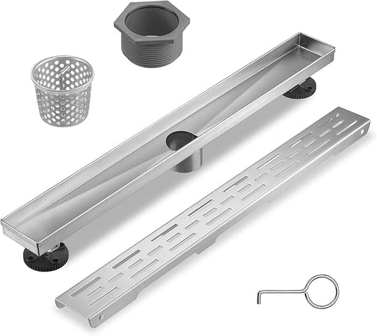 Sharp-tec Linear Shower Drain, 36 inch Shower Drain with Removable Pattern Cover, Brushed Nickel 304 Stainless Steel Rectangle Floor Drain, Adjustable Feet and Hair Strainer Included (Model 101)