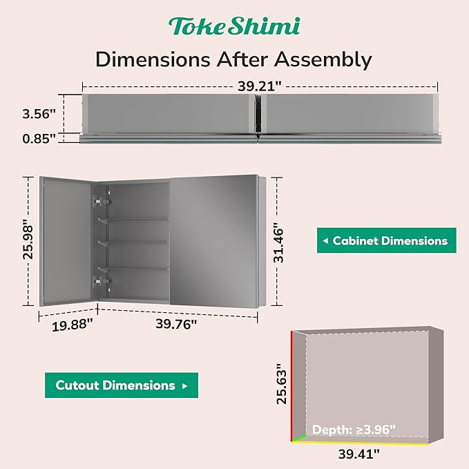 TokeShimi 40 x 26 Farmhouse Medicine Cabinet Recessed or Surface Mount Aluminum, Mirror with Stepless Adjustable Storage, Silver Bathroom Mirror Medicine Cabinet Frameless Metal Modern