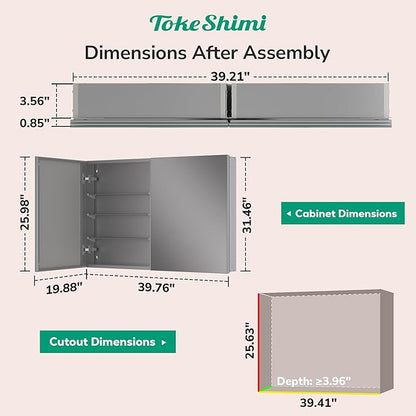 TokeShimi 40 x 26 Farmhouse Medicine Cabinet Recessed or Surface Mount Aluminum, Mirror with Stepless Adjustable Storage, Silver Bathroom Mirror Medicine Cabinet Frameless Metal Modern