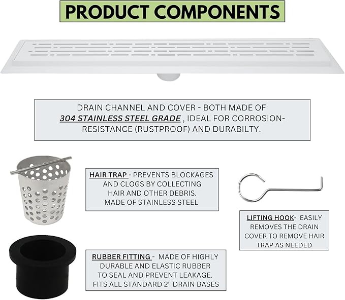 SereneDrains 304 Stainless Steel Linear Shower Drain 16 Inch Matte White Shower Drain Kit for Tile Floor Long Hair Catcher Strainer Grate Cover Bathroom (Matte White, 16 Inch)
