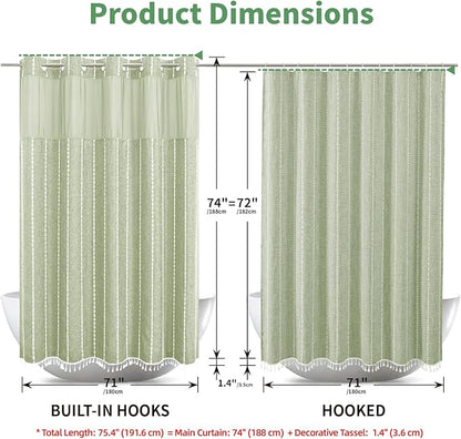 Sage Green Farmhouse No Hook Shower Curtain Set with Snap-in Fabric Liner,Boho Heavy-Duty Linen Textured Rustic Striped Design,Water-Repellent with Tassels and Sheer Window,71x74