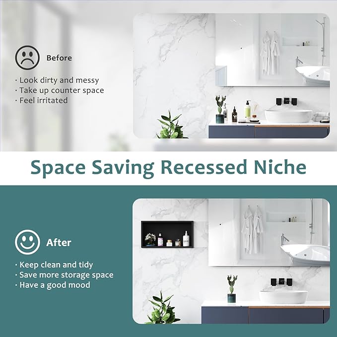 Shower Niche No Tile Needed, 12" X 24"(Outside Size 13.4"X25.4") Bathroom Niche for Shower Wall, Black Stainless Steel Wall Cabinet Insert for Bathroom, Recessed 2-Tier Shelf