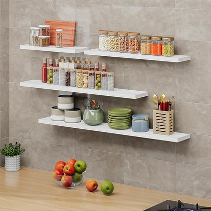 SAUMONIERES Floating Shelves 8 Inch Deep Solid Wood Wide Wall Shelf Set of 2 Wall Mounted for Bedroom Bathroom Living Room Kitchen, 24 Inch White