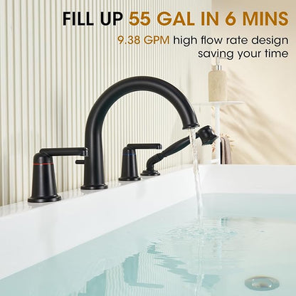 Roman Tub Faucet Set with Hand Shower, KRUZOO Bathtub Faucet Set Trim Kit with Rough-in Valve, Deck Mount Widespread 4 Hole Brass Tub Filler, KZ-9608BK, Matte Black