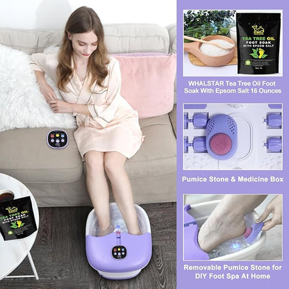 Collapsible Foot Spa Bath Massager with Heat Bubbles and Vibration Massage and Jets, 16OZ Tea Tree Oil Foot Soak Epsom Salt, WHALSTAR Foot Bath Bucket With Red Light & Remote