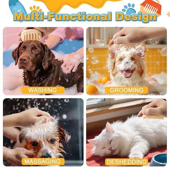 2-in-1 Dog Bath Brush for Grooming & Massage - Pet Silicone Brush for Long & Short Haired Dogs and Cats, Dog Scrubber for Bath, Rubber Curry Brush, Use Wet as Bath Brush or Dry for Grooming