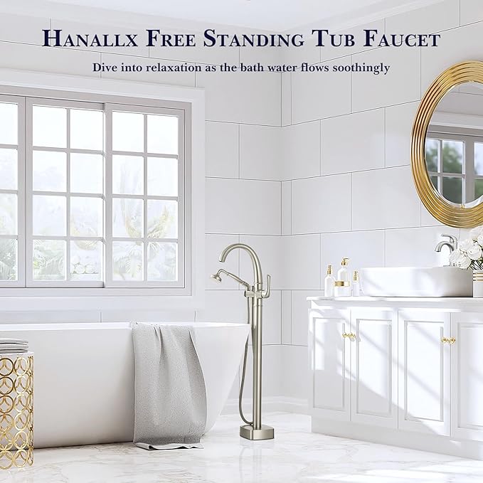 Free Standing Tub Faucet, Hanallx Luxury Brushed Nickel Freestanding Bathtub Faucet with Sprayer, Premium Brass High Flow Rate Floor Mount Tub Filler Swivel Spout, Roman Tub Faucet Set（HM88011-BN）