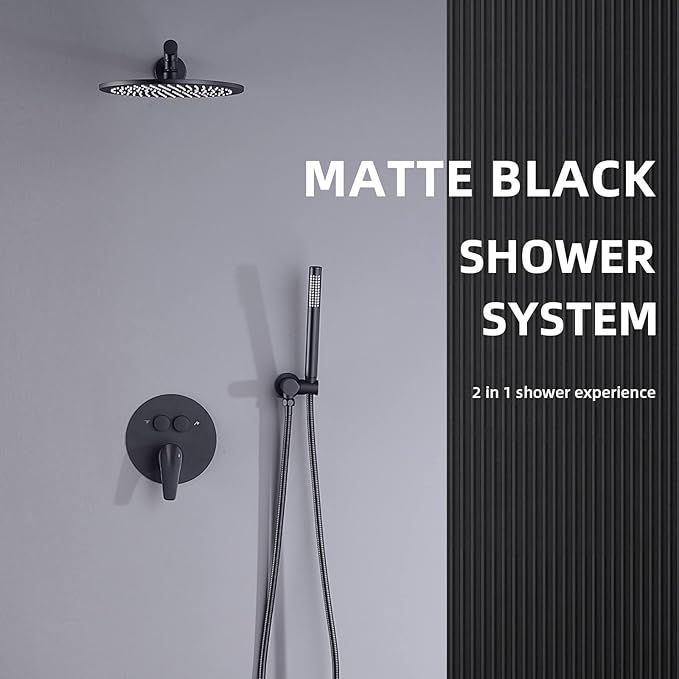 TRUSTMI 10 Inch Matte Black Shower System Push Button Diverter Wall Mounted Round Rainfall and Handheld Shower Trim Kit with Valve (Pressure Balance)