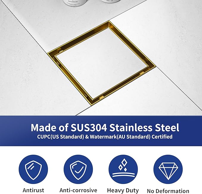 Square Shower Drain 6", Brushed Gold Floor Drain with Tiled Insert Grate & Hair Strainer, 304 Stainless Steel Bathroom 2-in-1 Tiled in Drain, CUPC Certified (Brushed Gold, 6'')