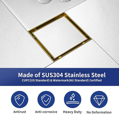 Square Shower Drain 6", Brushed Gold Floor Drain with Tiled Insert Grate & Hair Strainer, 304 Stainless Steel Bathroom 2-in-1 Tiled in Drain, CUPC Certified (Brushed Gold, 6'')