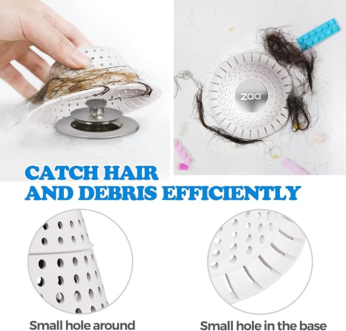 zaa Bathtub Drain Hair Catcher, Silicone Collapsible 2 Pack Drain Protector for Pop-Up and Regular Drains of Shower, Bathtub, Tub, Bathroom, Sink, White