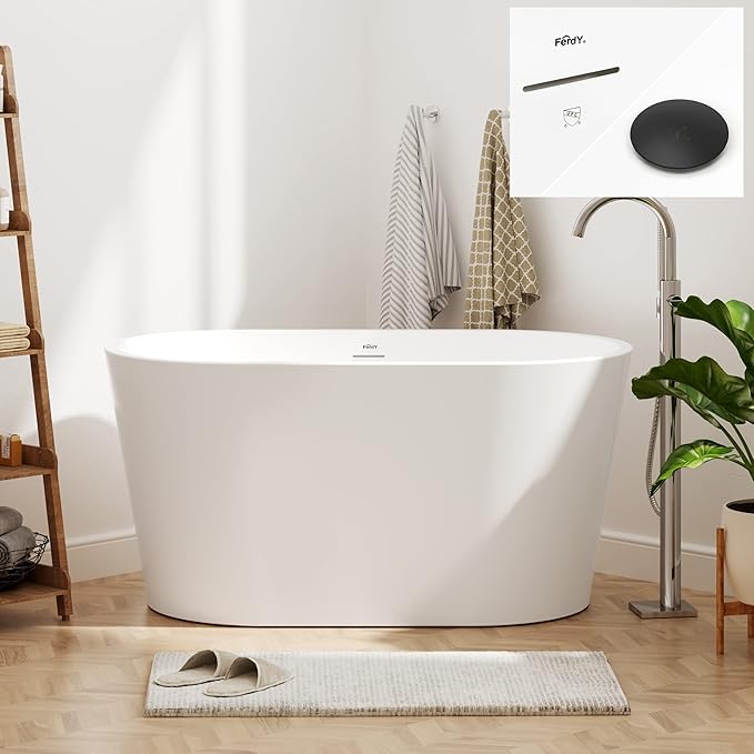 FerdY Shangri-La 47" Acrylic Freestanding Bathtub with Headrest, Small Classic Oval Shape Acrylic Soaking Bathtub with Matte Black Drain & Overflow& Bathtub Pillow, cUPC Certified