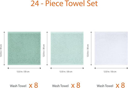 Amazon Basics Cotton Washcloths for Bathroom, Fast Drying, Extra Absorbent, 12 x 12 in, Seafoam Green, Ice Blue, White, 24-Pack
